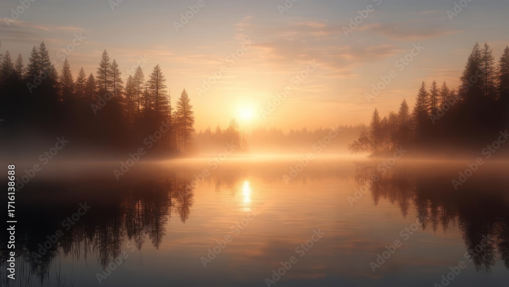 Fototapeta premium Lake reflection sunrise forest landscape