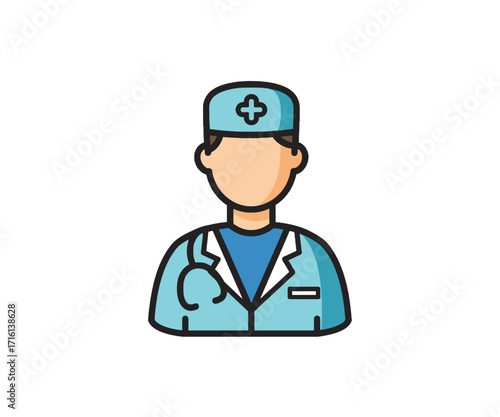 Cartoon illustration of a medical doctor wearing a lab coat, scrub top, and surgical cap with a cross symbol, holding a stethoscope.
