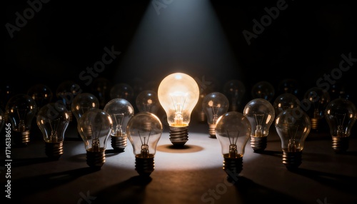 Illuminating ideas light bulb showcase dark room conceptual art creative environment central focus inspiration
