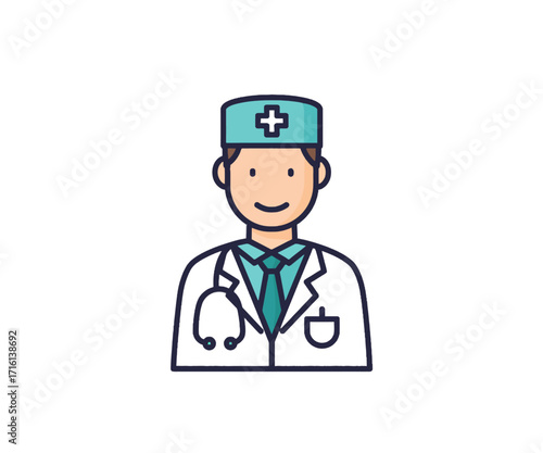 Illustration of a smiling doctor wearing a medical cap and stethoscope, ready to provide care.