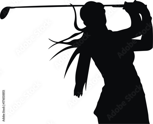 Silhouette of female golfer swinging club, dynamic motion, sports action, athletic posture, outdoor activity, golf technique, black figure illustration, competitive golf moment