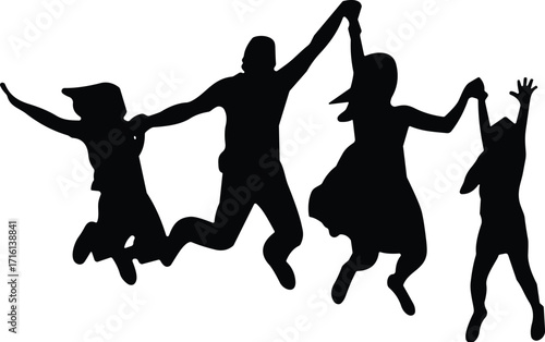 Silhouette of happy family jumping together, joyful celebration moment, black and white vector illustration for happiness, love, or family concept design