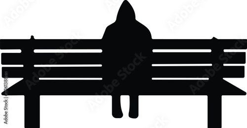 Silhouette of person sitting alone on park bench, loneliness, contemplation, urban solitude, quiet moment, reflection, black and white vector illustration