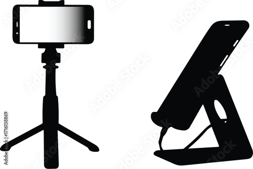 Silhouette of smartphone on tripod and stand, mobile video recording setup, vlogging concept, black and white vector illustration