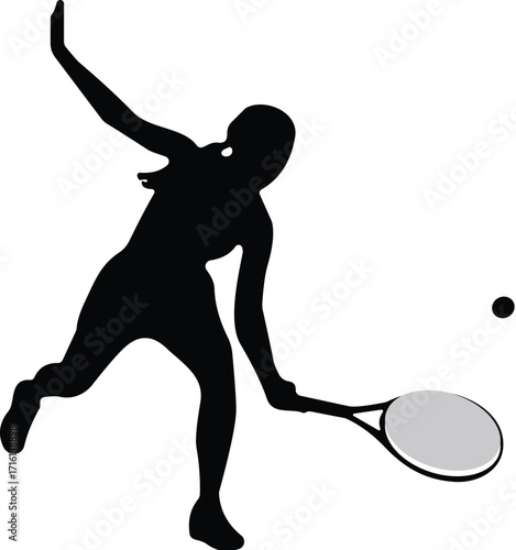 Silhouette of tennis player in action, hitting ball with racket, dynamic sports pose, outdoor activity, athletic motion, competitive game, fitness concept