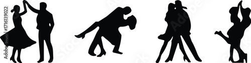 Silhouette set of dancing couples in various romantic and energetic poses, ballroom dance concept, black and white vector illustration
