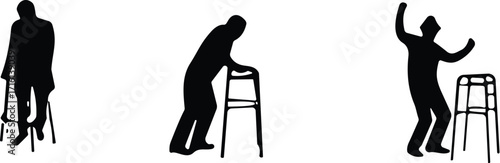 Silhouette set of men interacting with stools in various poses, casual human figures, lifestyle concept, black and white vector illustration
