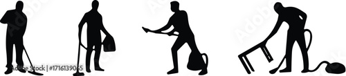 Silhouette set of people cleaning with mop, vacuum, and broom, housekeeping concept, black and white vector illustration
