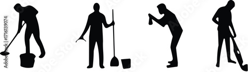 Silhouette set of people cleaning with mop, broom, cloth, and vacuum, janitorial work concept, black and white vector illustration