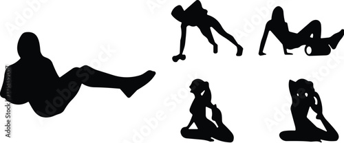 Silhouette set of people in various yoga and stretching poses, fitness concept, wellness lifestyle, black and white vector illustration