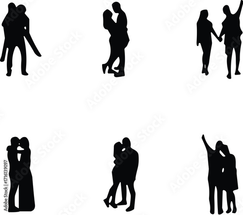 Silhouettes of couples in various romantic poses, love and relationship concept, black and white vector illustrations for design and editorial use