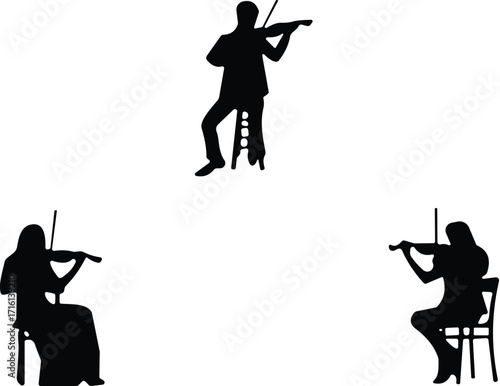 Silhouettes of violin players performing, classical music musicians, black and white vector illustrations for orchestra, concert, or musical art design