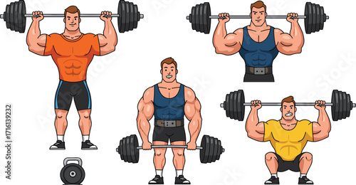 Strong man lifting barbell, bodybuilder workout, fitness training, gym exercise, cartoon athlete, muscle power, vector illustration