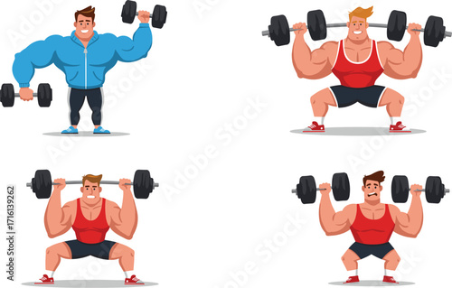 Strong man lifting weights, gym workout scenes, bodybuilder exercise, fitness training, cartoon athlete, muscle power, vector illustration