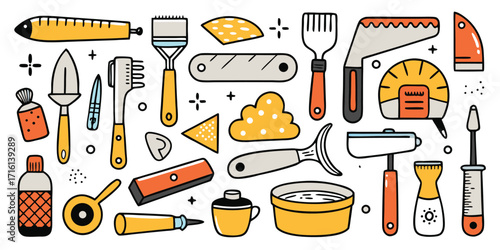 Collection of illustrated construction and diy tools for renovation and repair projects