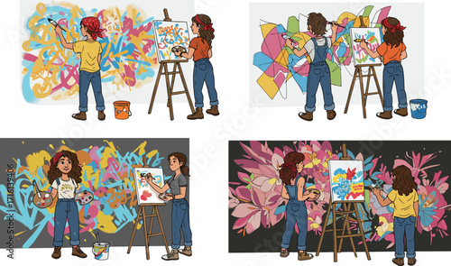 Women painting colorful artwork on canvas and walls, creative art session with brushes, paint, and easels in studio setting