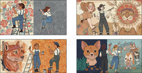 Women painting vibrant murals with floral and animal themes, artistic creativity in urban art and wall painting projects