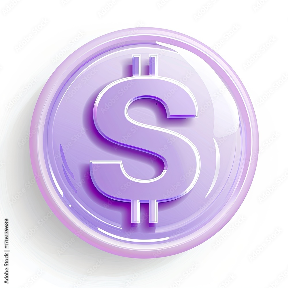 Naklejka premium A digital illustration of a lilac coin featuring a raised, embossed dollar sign. The coin has a glossy, three-dimensional appearance, cast on a white background