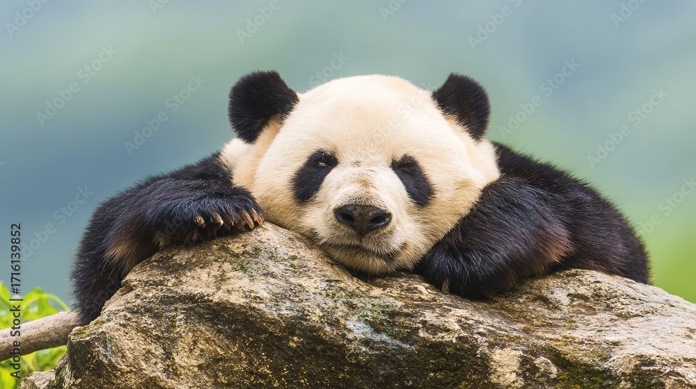 Obraz premium Giant panda resting on mossy rock in bamboo forest, a moment of peace in nature's embrace