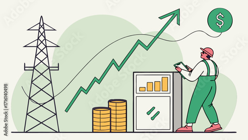 Electricity price increase concept with power lines and rising graph showing energy cost growth trend