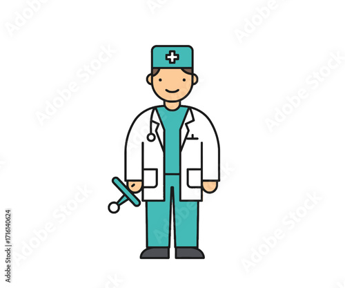 Cartoon illustration of a friendly male doctor in scrubs and a lab coat holding a syringe.