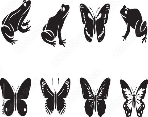 A collection of black and white vector images of frogs insects and butterflies in various stages of life