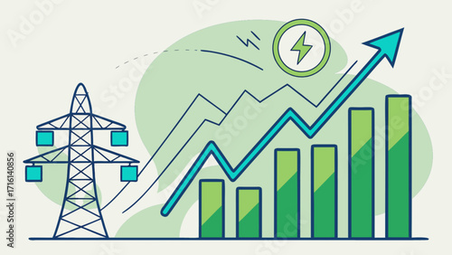 Electricity price increase graph with power tower and lightning bolt energy cost illustration vector