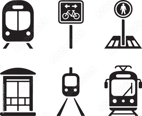 Modern transport icons metro, tram, bike, pedestrian