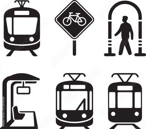 Urban transit icons trains, bike, pedestrian, station