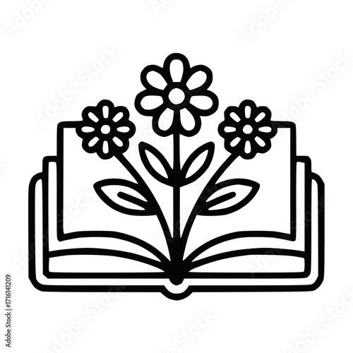 Open book with flowers growing from pages outline drawing