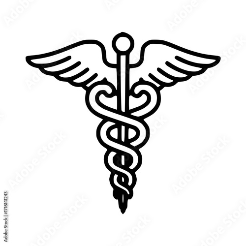 Medical caduceus symbol with wings and two snakes outline
