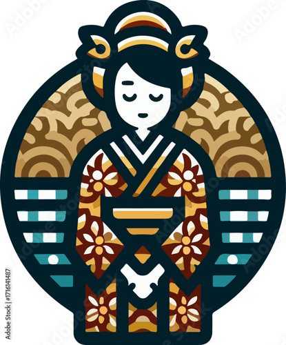 icon_logo_symbol_Japanese_Geisha_Cartoon_Style_Illustration_with_Red_Kimono