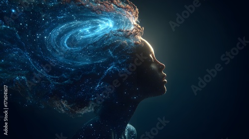 Magical glowing woman with galactic hair twisting like a spiral galaxy, dark universe background
