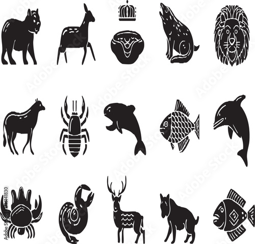 A collection of various animal silhouettes including mammals birds insects and reptiles in black and white