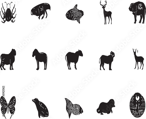 Collection of animal silhouettes including mammals fish and invertebrates in black and white style
