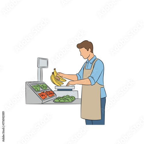 Grocery clerk weighing fresh bananas on a scale