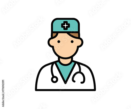 A simple, flat illustration of a doctor wearing a medical cap and stethoscope, symbolizing healthcare and medical professions.
