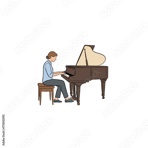 Woman playing a grand piano with sheet music
