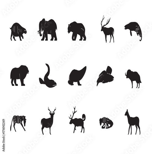Collection of diverse animal silhouettes including mammals birds insects and reptiles on white background