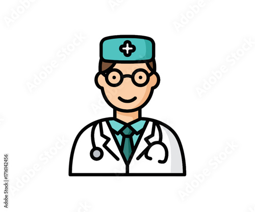 A friendly cartoon illustration of a male doctor wearing a lab coat, surgical cap, glasses, and a stethoscope, smiling.