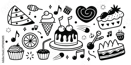 Whimsical hand drawn desserts and sweets collection music notes sparkle celebration
