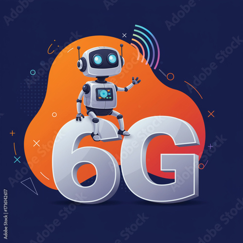 Cute Robot Riding on 6G Network Symbol. A friendly, cartoon robot sits atop a large, stylized 6G logo. EPS  Vector