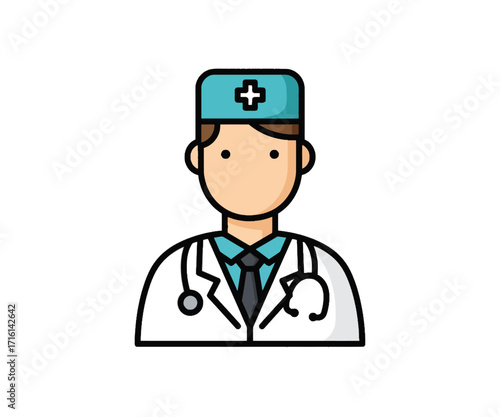 A cartoon illustration of a doctor wearing a white coat and a stethoscope.