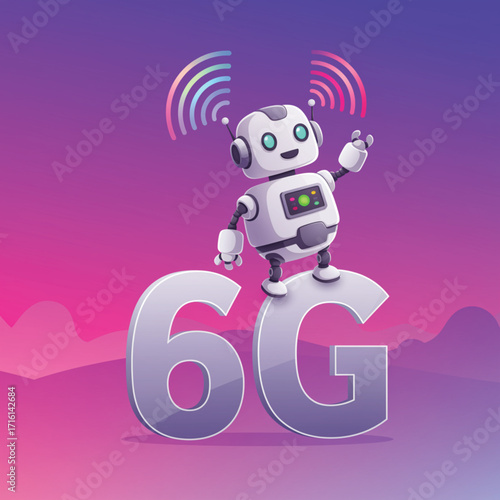 A cartoon robot stands atop the number "6G," showcasing the innovative possibilities of the next-generation wireless technology.  EPS Vector