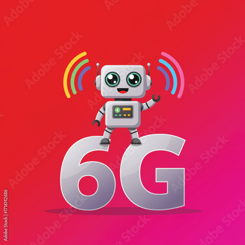 A cartoon robot with expressive eyes and a cheerful pose stands atop the number "6G", signifying the next generation of mobile technology.  EPS Vector