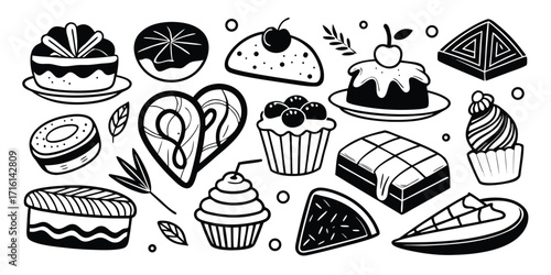 Assortment of hand-drawn sweet desserts cakes pastries cupcakes and treats