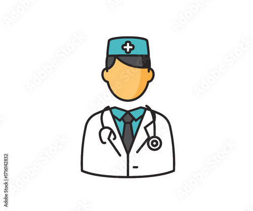 Illustration of a doctor wearing a white coat and cap.