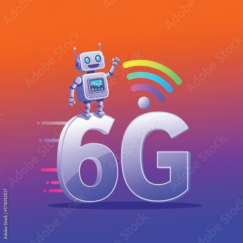 A cheerful robot character stands atop the large, stylized number "6G," signifying the next generation of wireless communication. EPS Vector