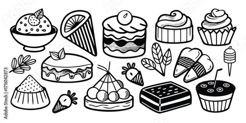 Hand drawn assortment of delicious desserts sweet treats cakes and pastries collection