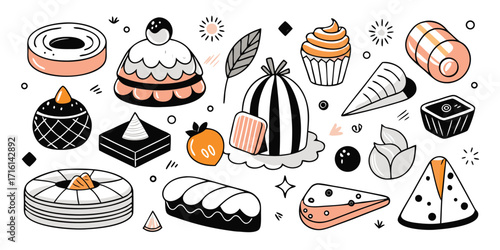 Assorted sweet desserts hand drawn sketch style collection featuring cakes pastries and confections